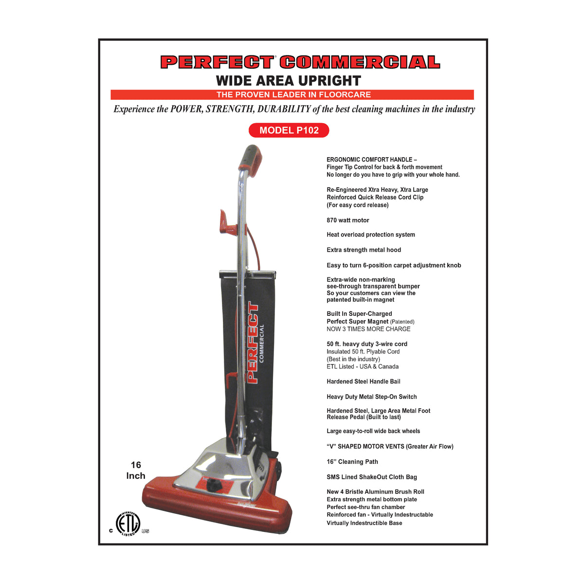 P102 16" Commercial Upright Vacuum