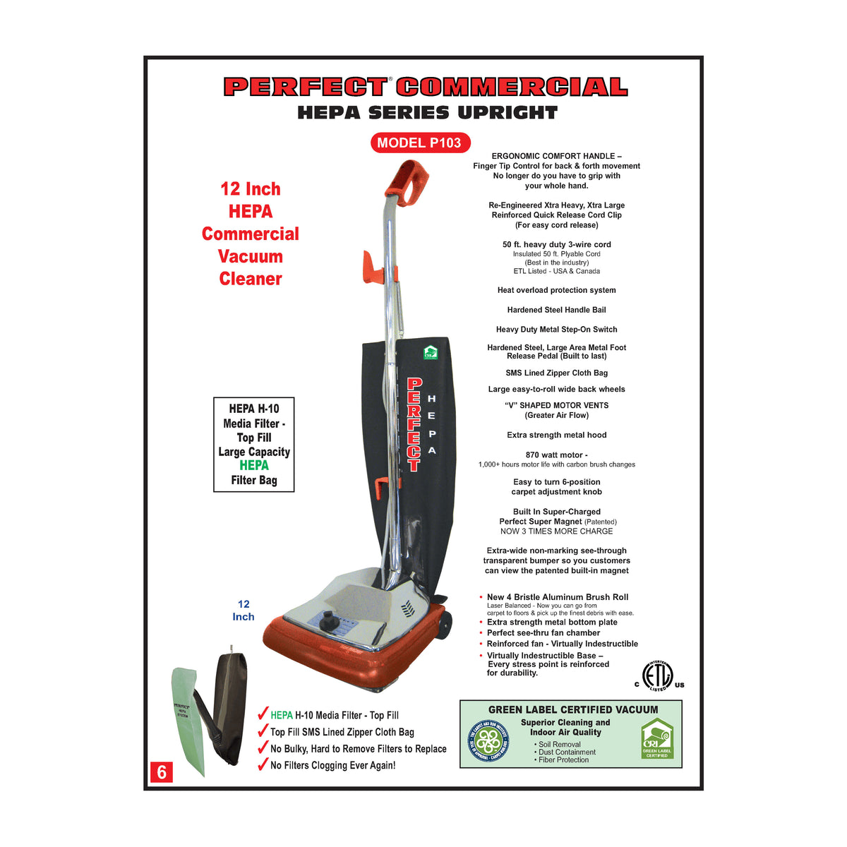 P103 Commercial 12" HEPA Series Commercial Vacuum Cleaner