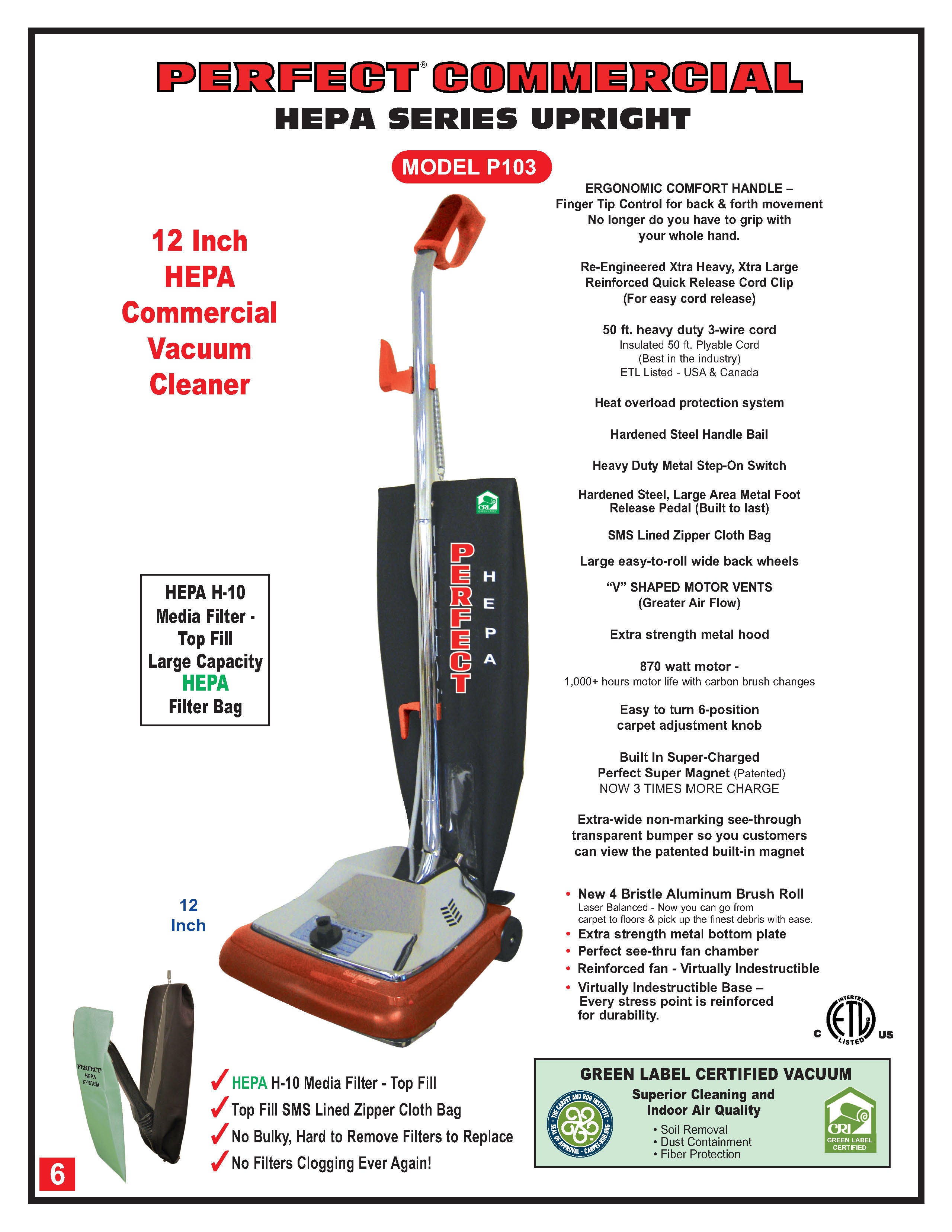P103 Commercial 12" HEPA Series Commercial Vacuum Cleaner