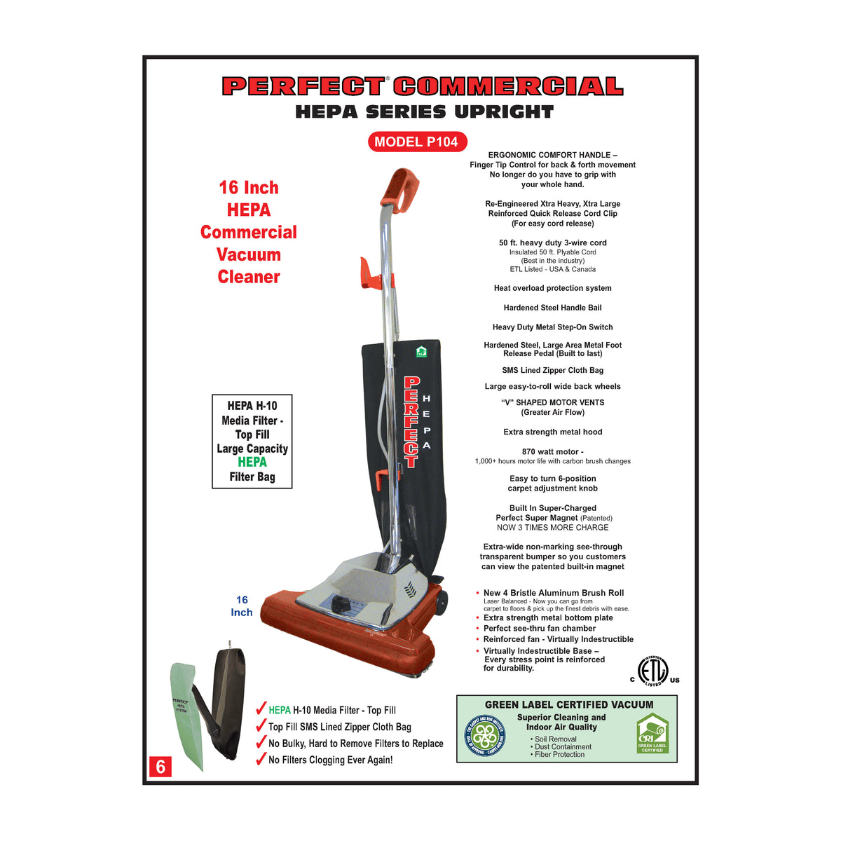 P104 16" Hepa Series Upright Commercial Vacuum Cleaner