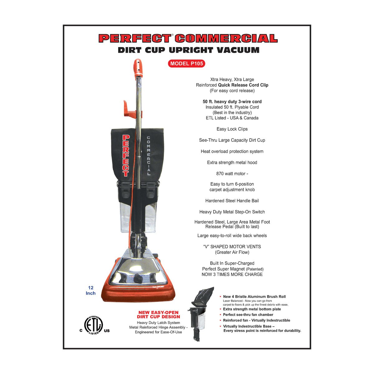 P105 12" Commercial Dirt Cup Upright Vacuum