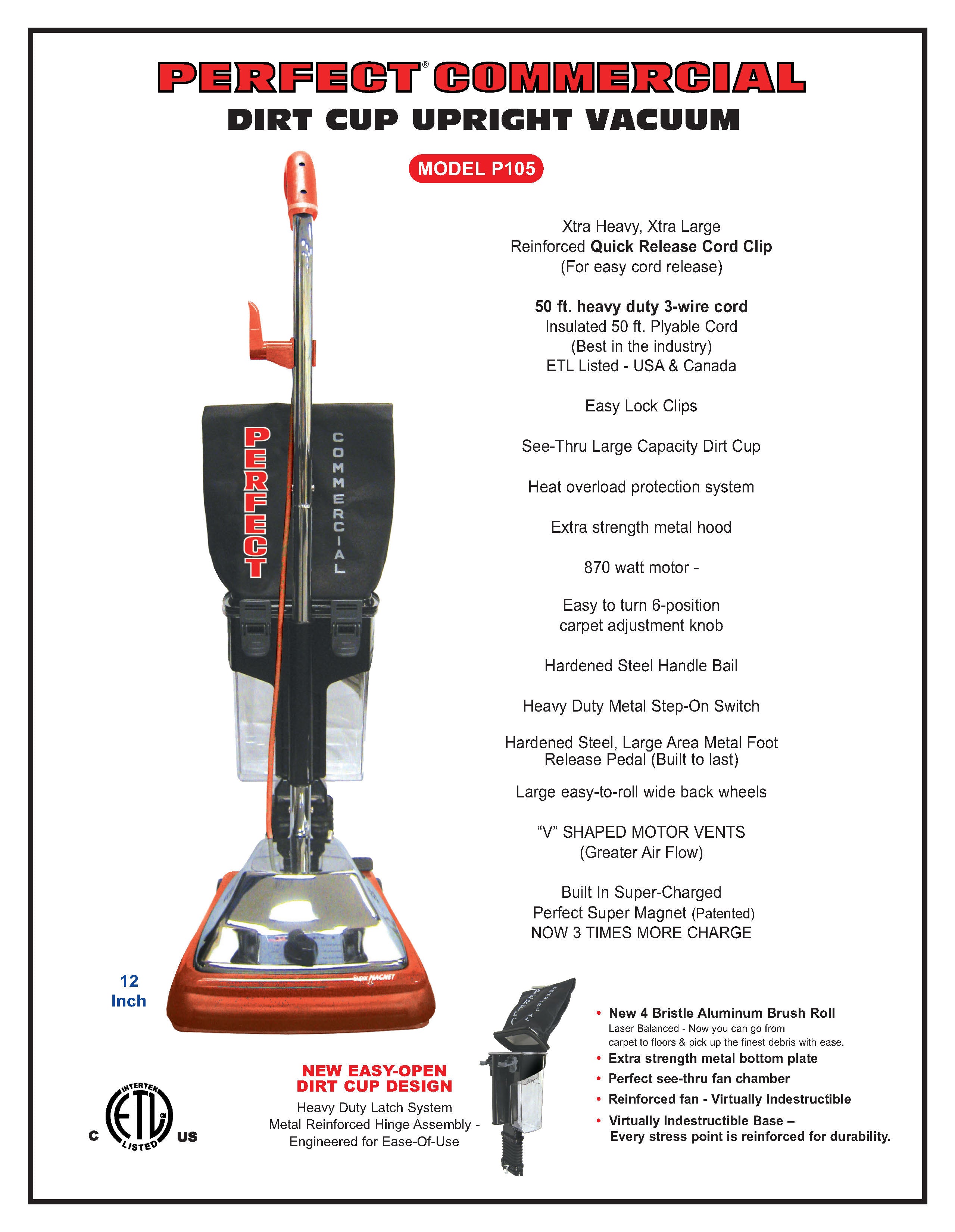 P105 12" Commercial Dirt Cup Upright Vacuum