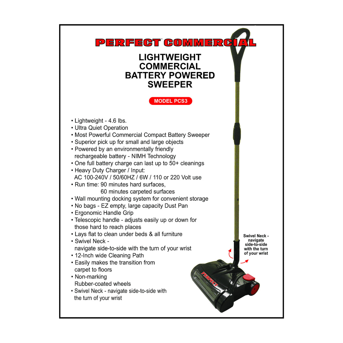 PCS3 Perfect Lightweight Commercial Battery Powered Sweeper