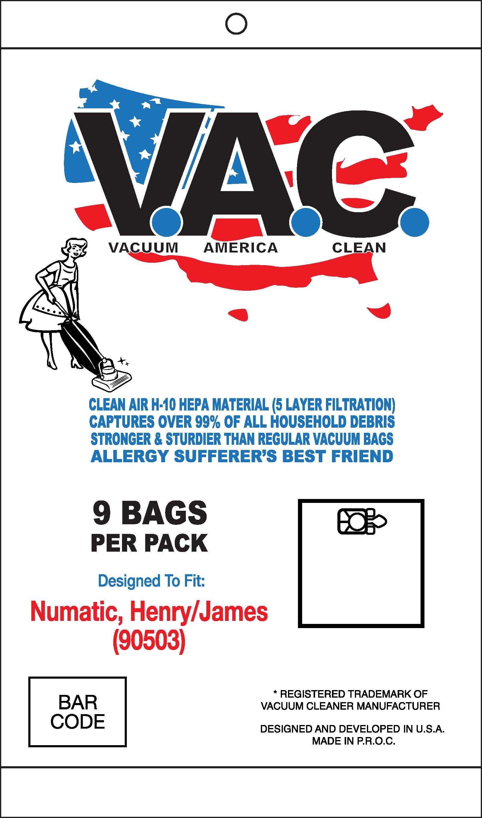 VAC 40 - NUMATIC Henry/James H-10 HEPA Filtration Vacuum Bag - 9 Bags