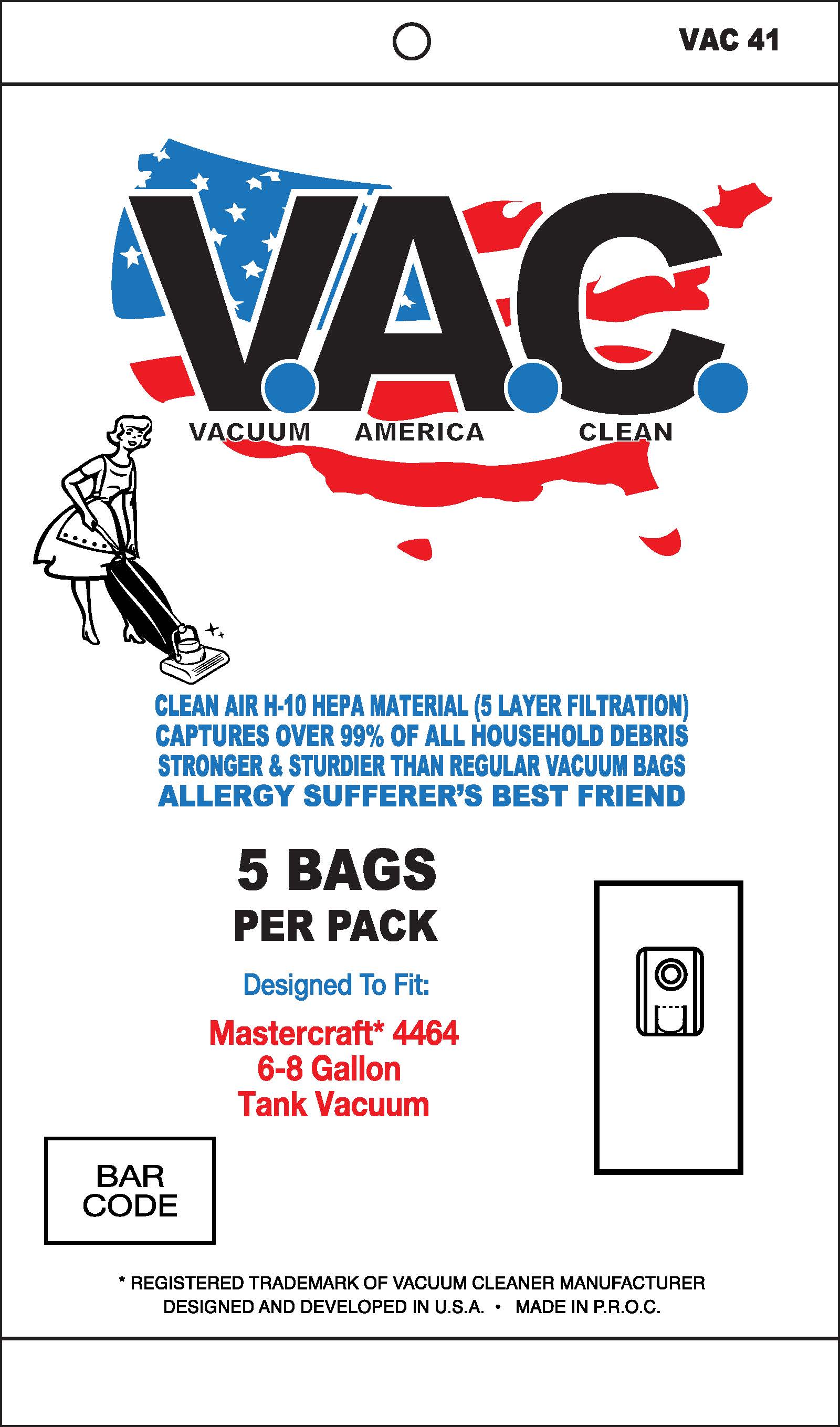 VAC 41 - MASTERCRAFT 4464 6-8 Gallon Tank H-10 HEPA Filtration Vacuum Bag - 5 Bags
