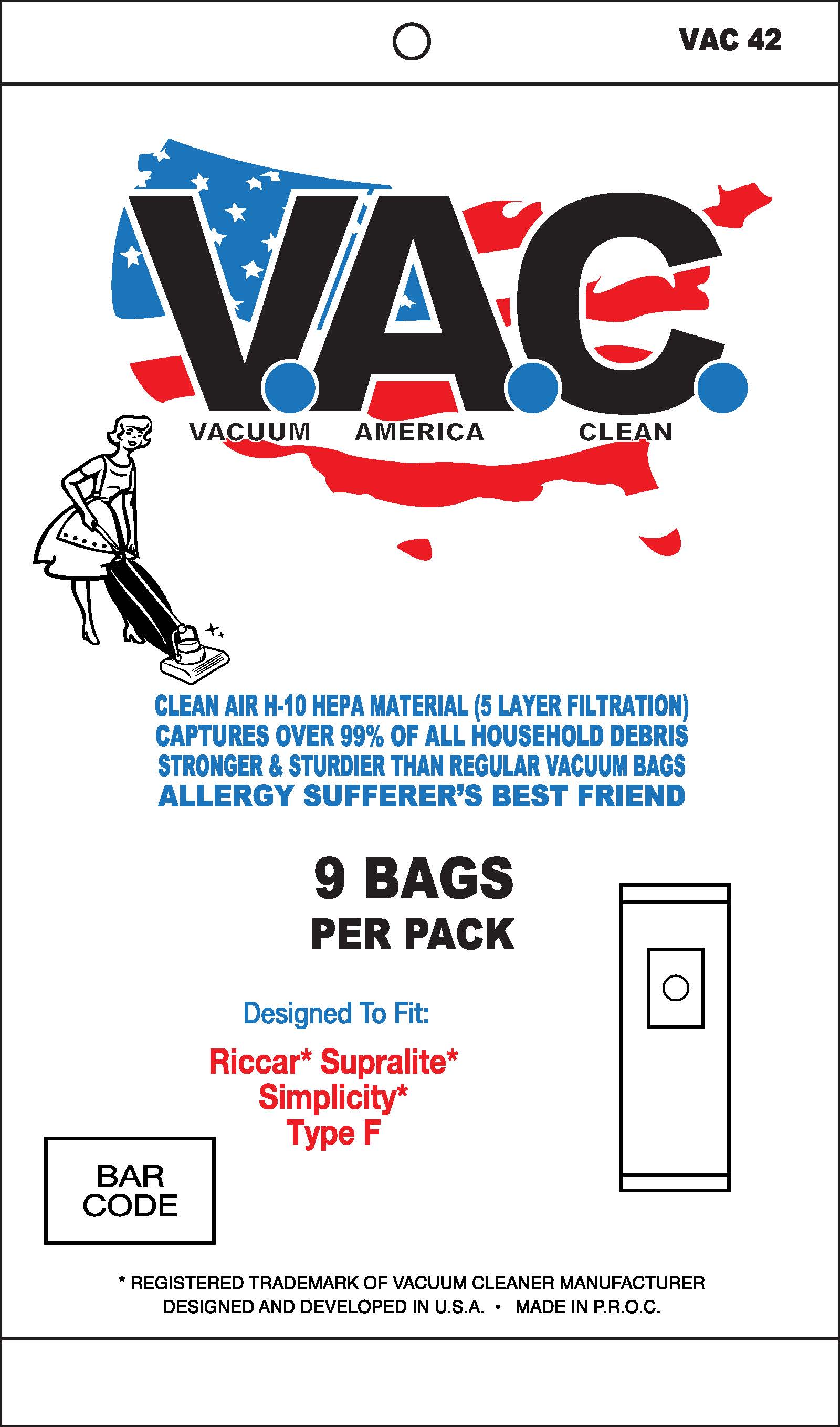 VAC 42 - RICCAR Supralite SIMPLICITY Style F H-10 HEPA Filtration Vacuum Bag - 9 Bags