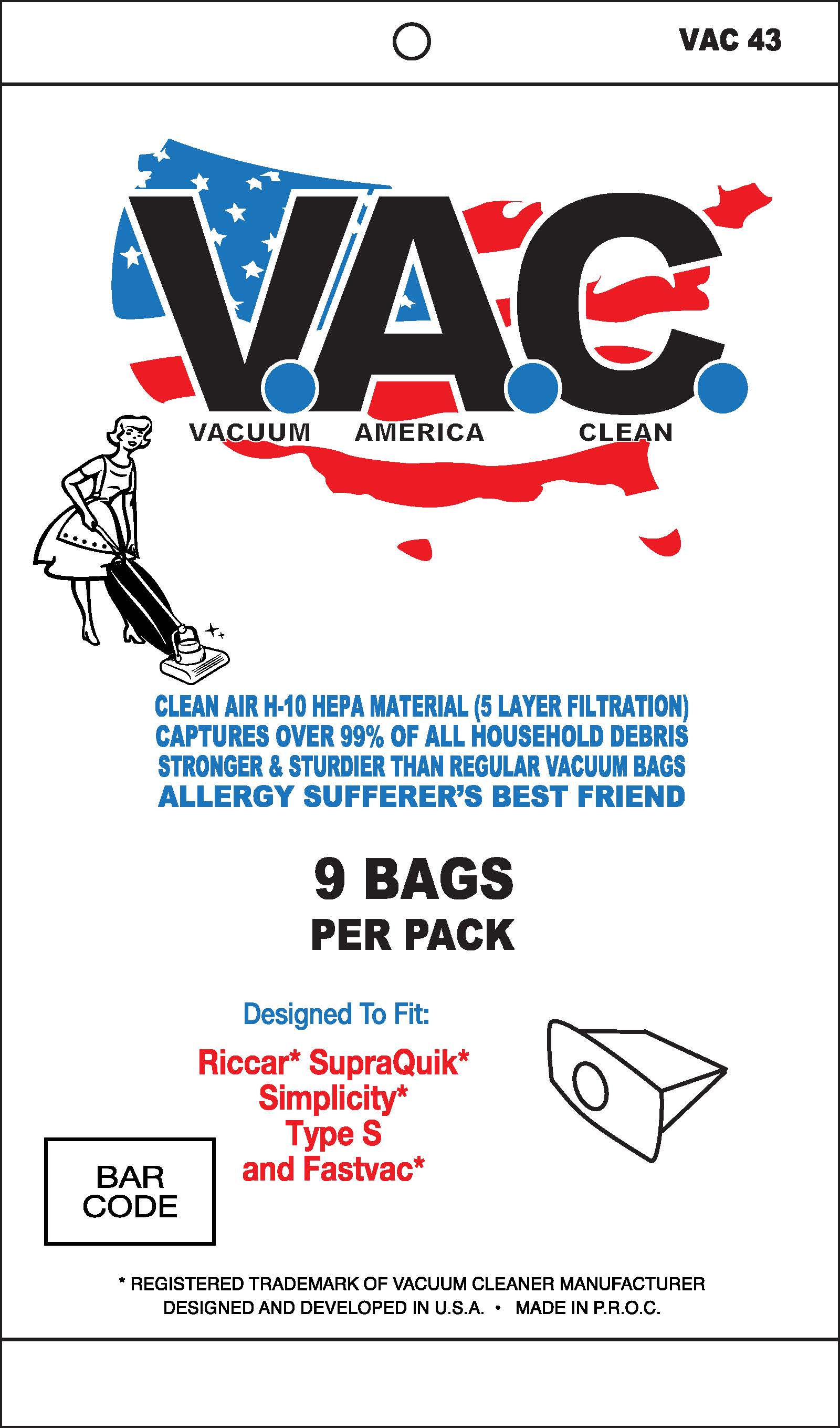 VAC 43 - RICCAR Supralite SIMPLICITY Style S & Fastvac H-10 HEPA Vacuum Bag - 9 Bags