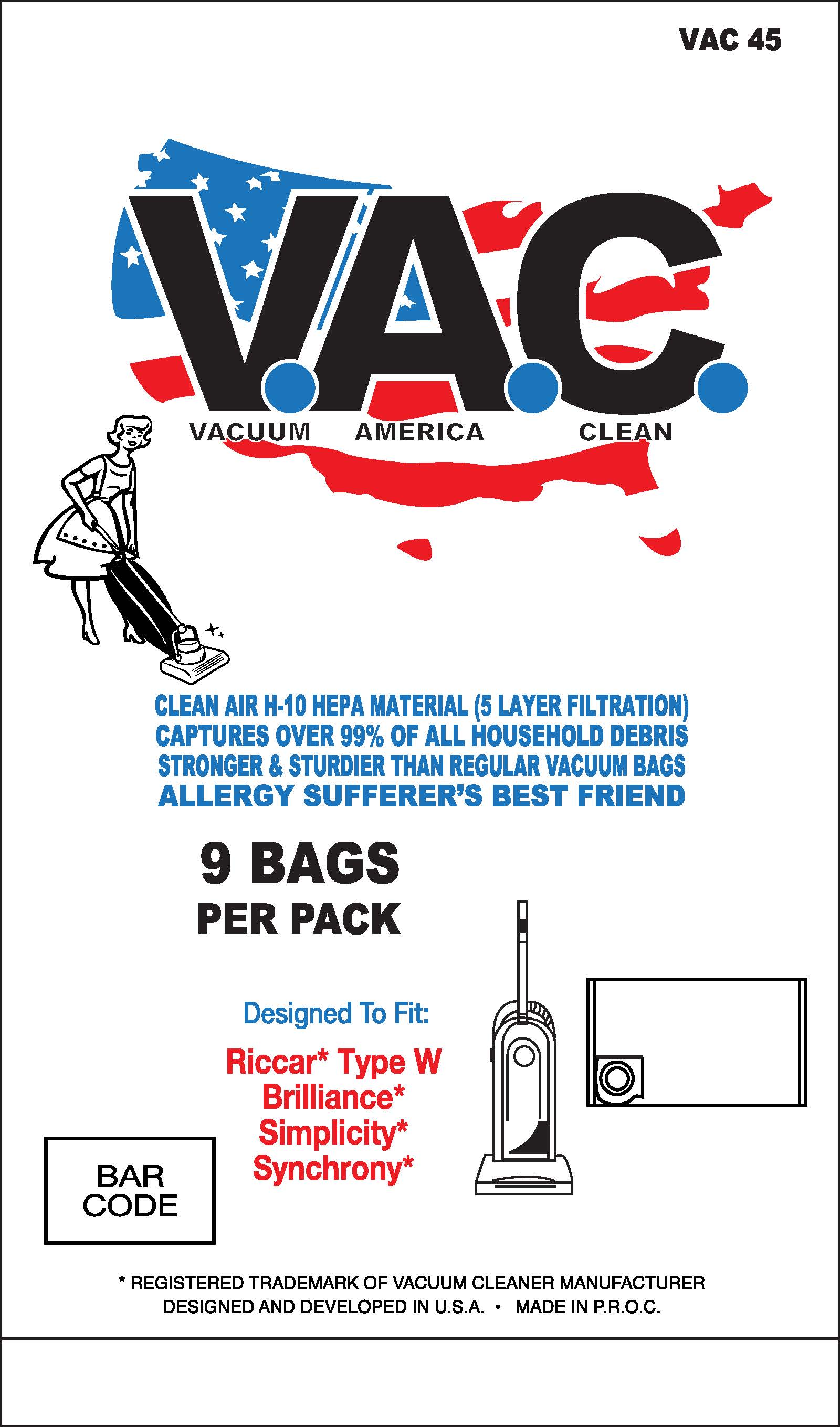 VAC 45 - RICCAR Type W Brilliance SIMPLICITY Synchrony H-10 HEPA Vacuum Bag - 9 Bags