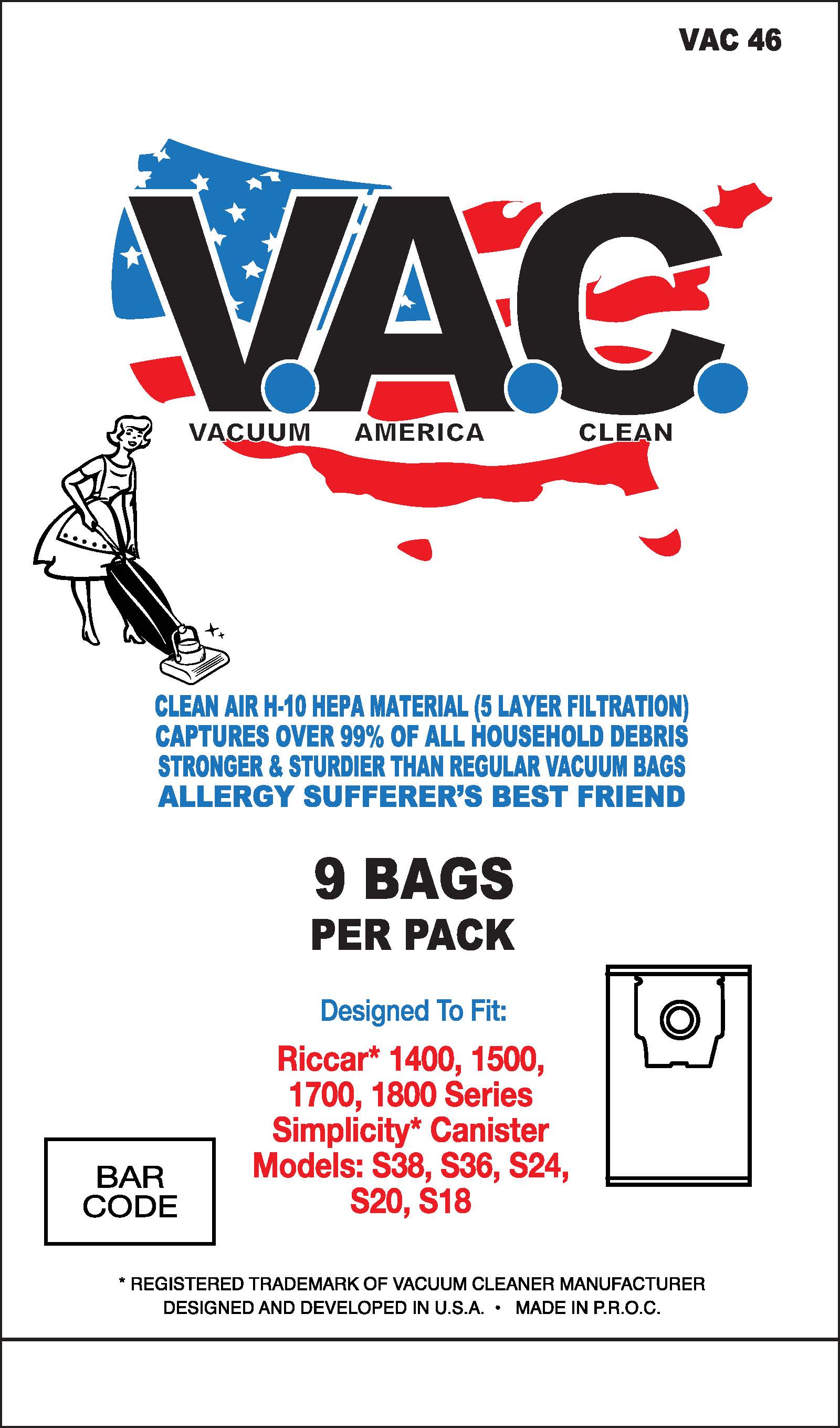 VAC 46 - RICCAR 1400/1500/1700/1800 SIMPLICITY Canister S38/S36/S24 H-10 HEPA Vacuum Bag - 9 Bags