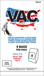 VAC 47 - RICCAR 1500 SIMPLICITY Type H H-10 HEPA Filtration Vacuum Bag - 9 Bags