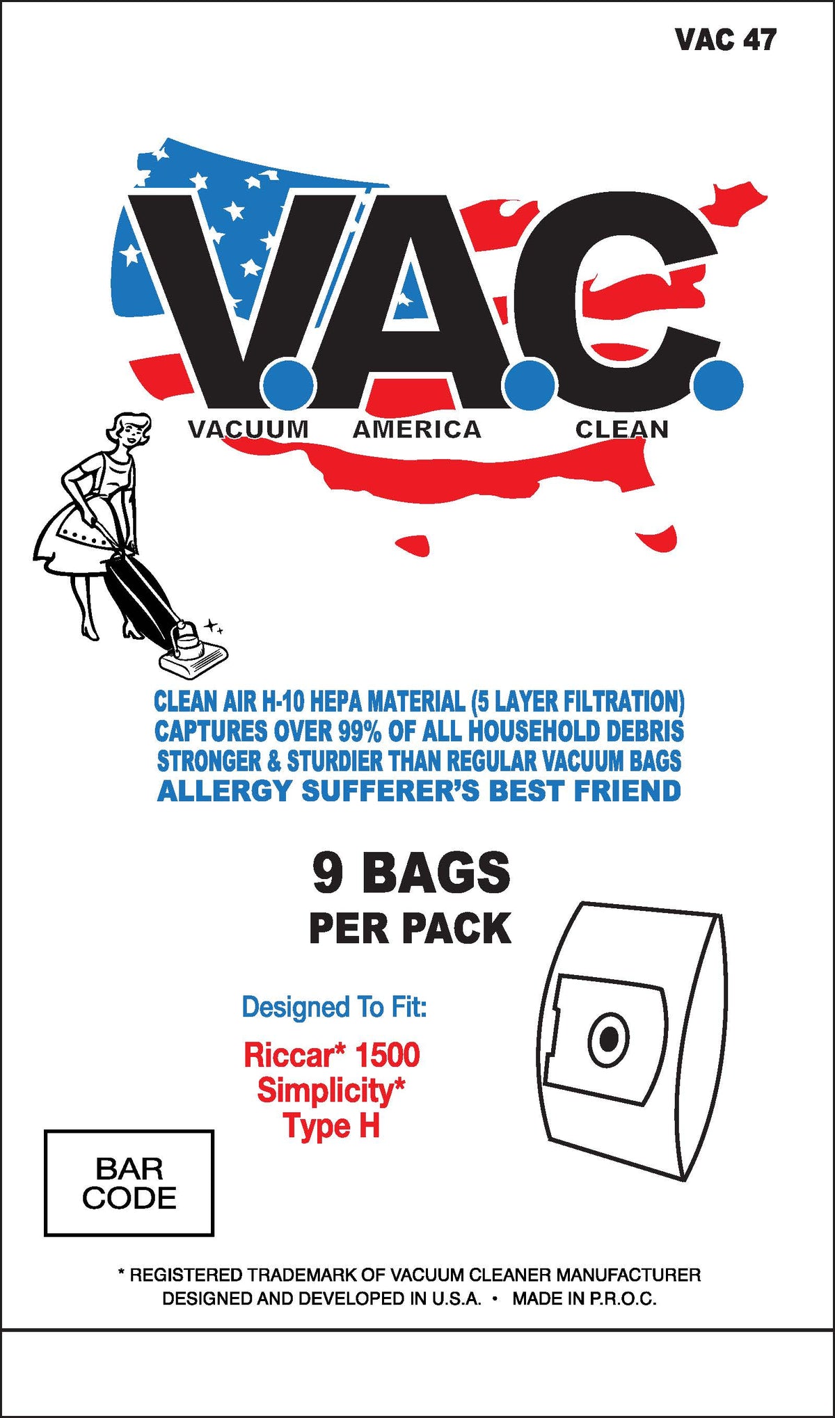 VAC 47 - RICCAR 1500 SIMPLICITY Type H H-10 HEPA Filtration Vacuum Bag - 9 Bags