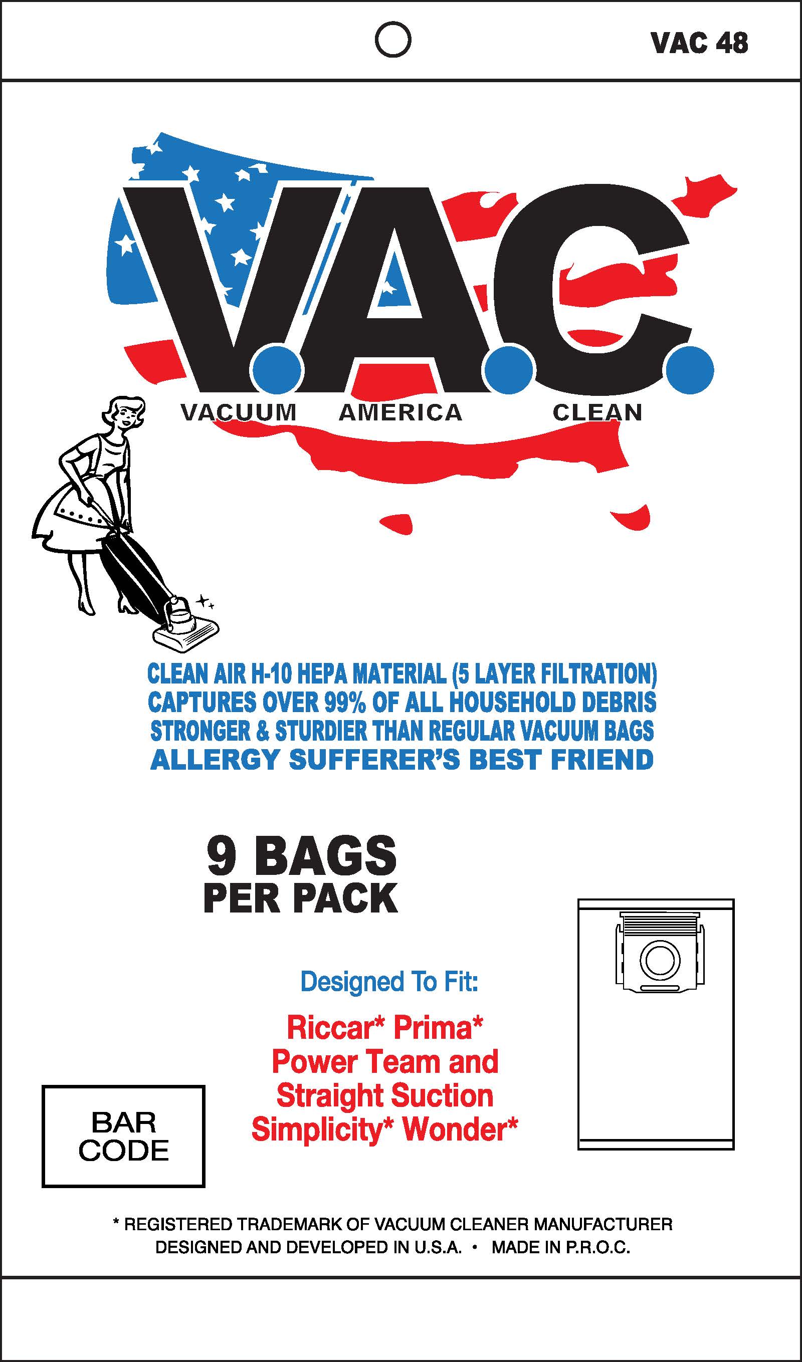 VAC 48 - RICCAR Prima PowerTeam SIMPLICITY Wonder H-10 HEPA Vacuum Bag - 9 Bags