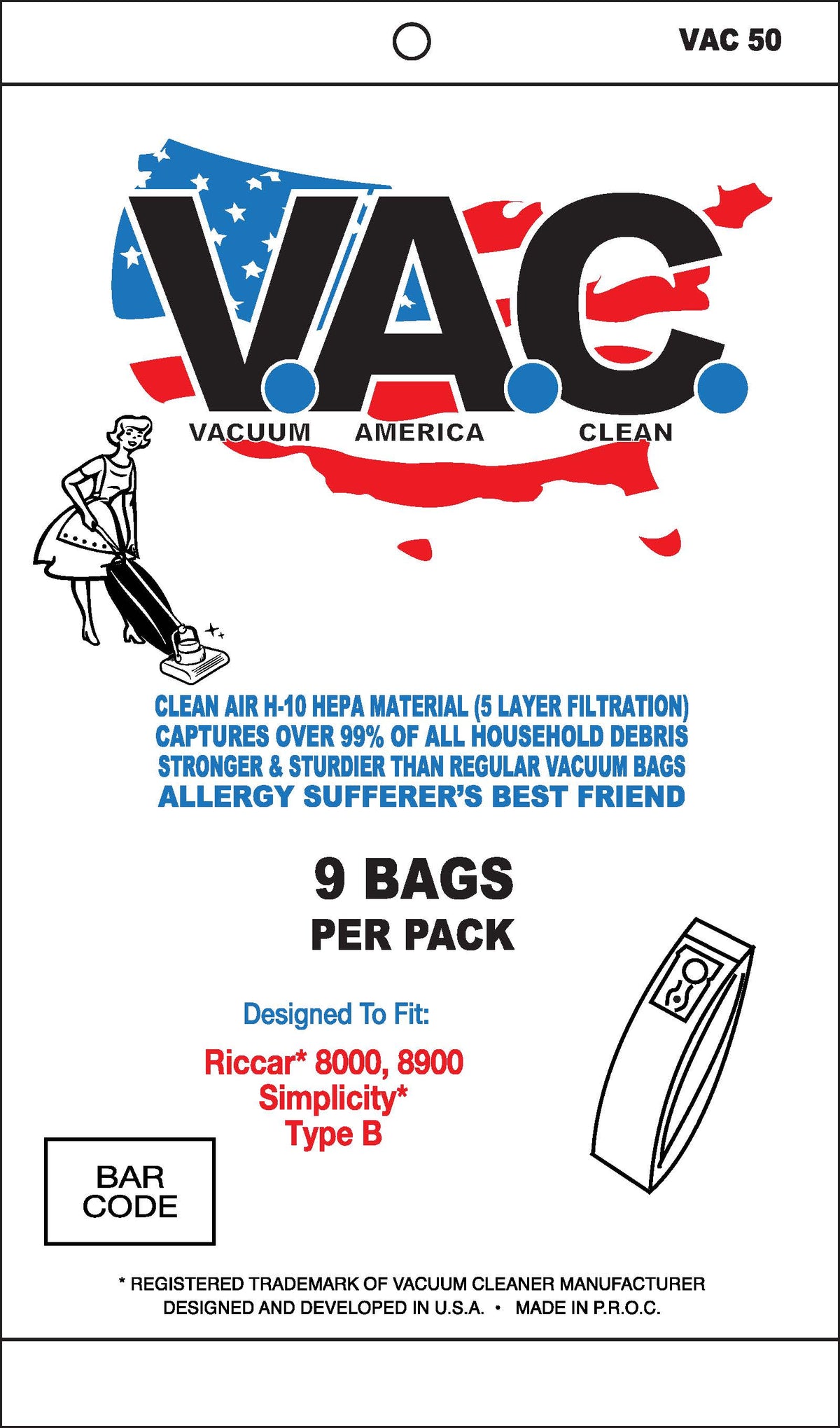 VAC 50 - RICCAR 8000/8900 SIMPLICITY Type B H-10 HEPA Filtration Vacuum Bag - 9 Bags