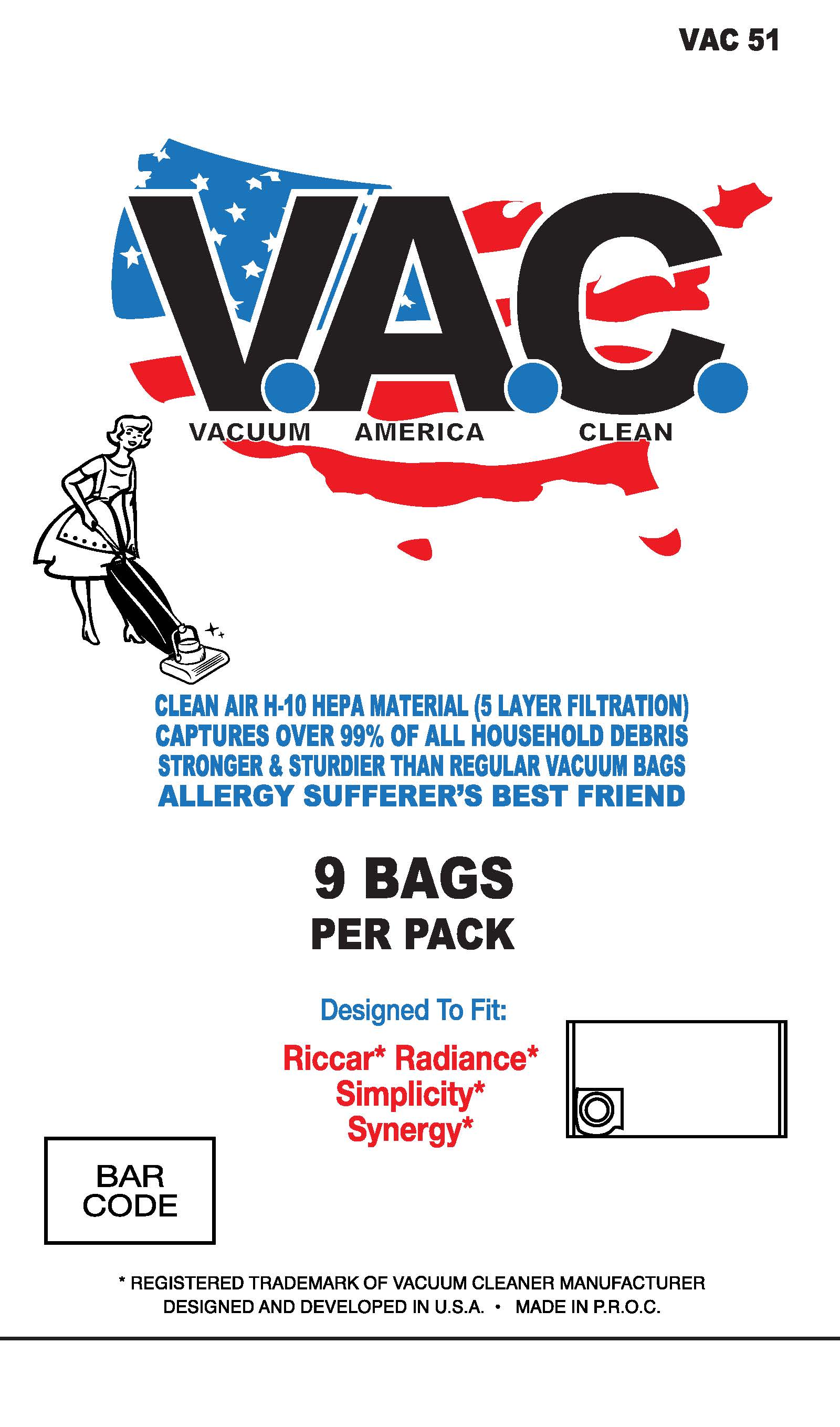 VAC 51 - RICCAR Radiance SIMPLICITY Synergy H-10 HEPA Filtration Vacuum Bag - 9 Bags