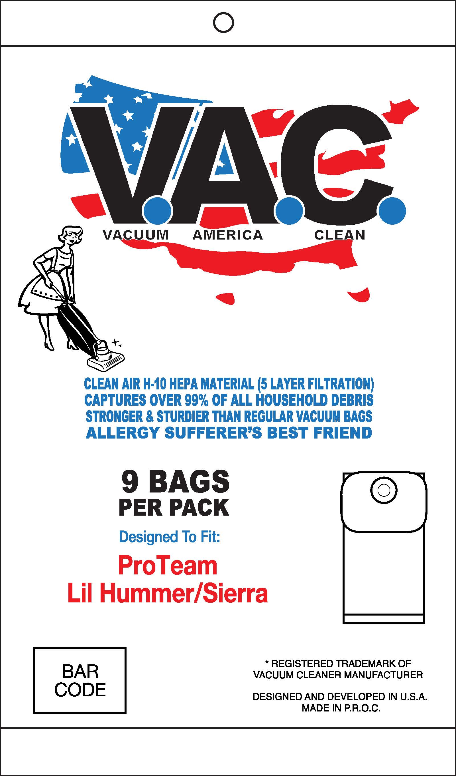 VAC 52 - PROTEAM Lil Hummer/Sierra H-10 HEPA Filtration Vacuum Bag - 9 Bags