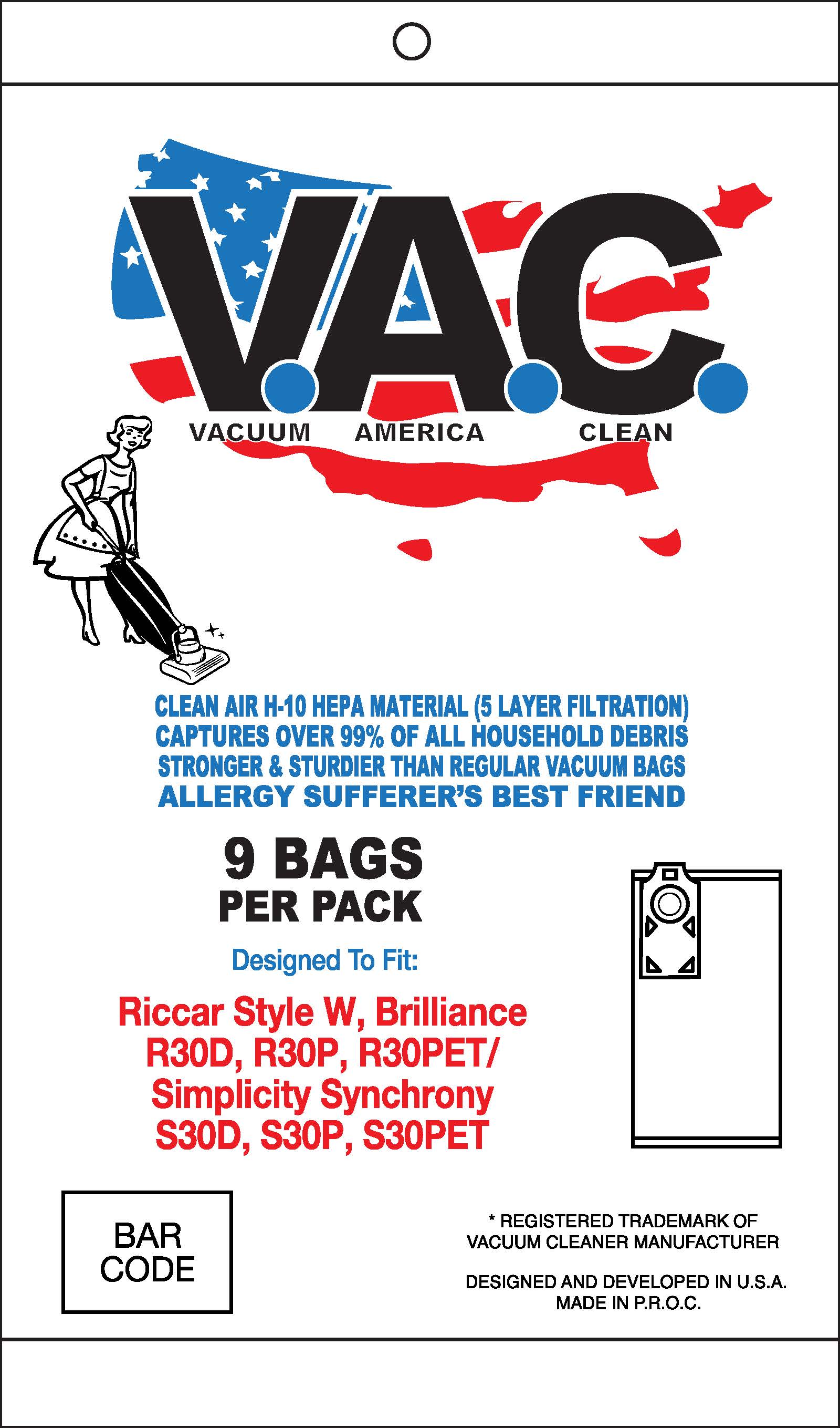 VAC 53 - RICCAR Style W Brilliance R30D/R30P SIMPLICITY Synchrony S30D H-10 HEPA Vacuum Bag - 9 Bags