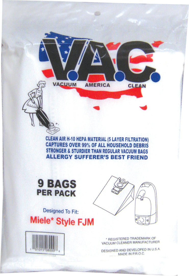 VAC 1 - MIELE Style FJM H-10 HEPA Filtration Vacuum Bag - 9 Bags & 2 Filters