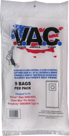 VAC 27 - RICCAR Style 2000/4000 Clean Max Pro Simplicity 5000/6000 H-10 HEPA Vacuum Bag - 9 Bags