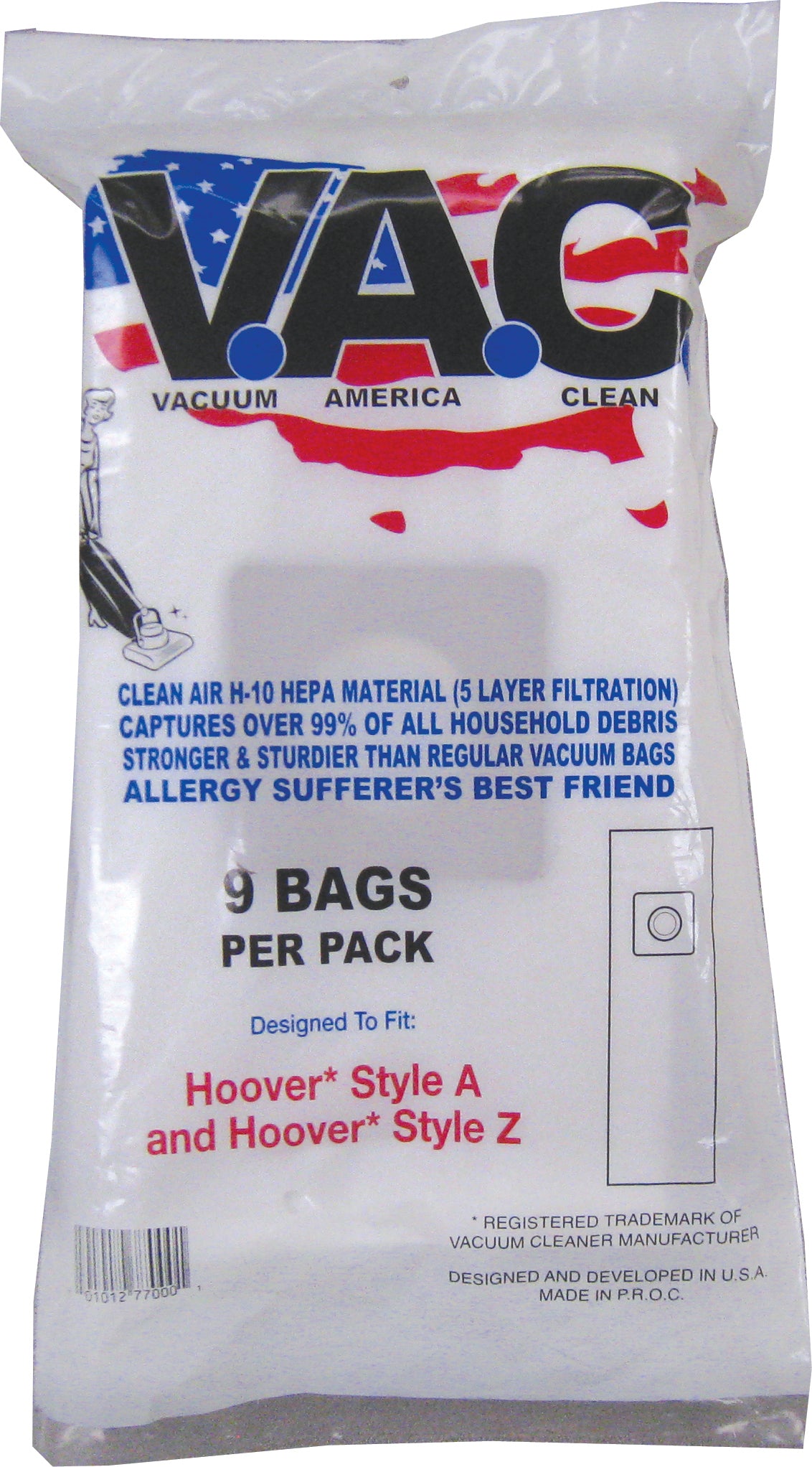 VAC 29 - HOOVER Style A and Style Z H-10 HEPA Filtration Vacuum Bag - 9 Bags
