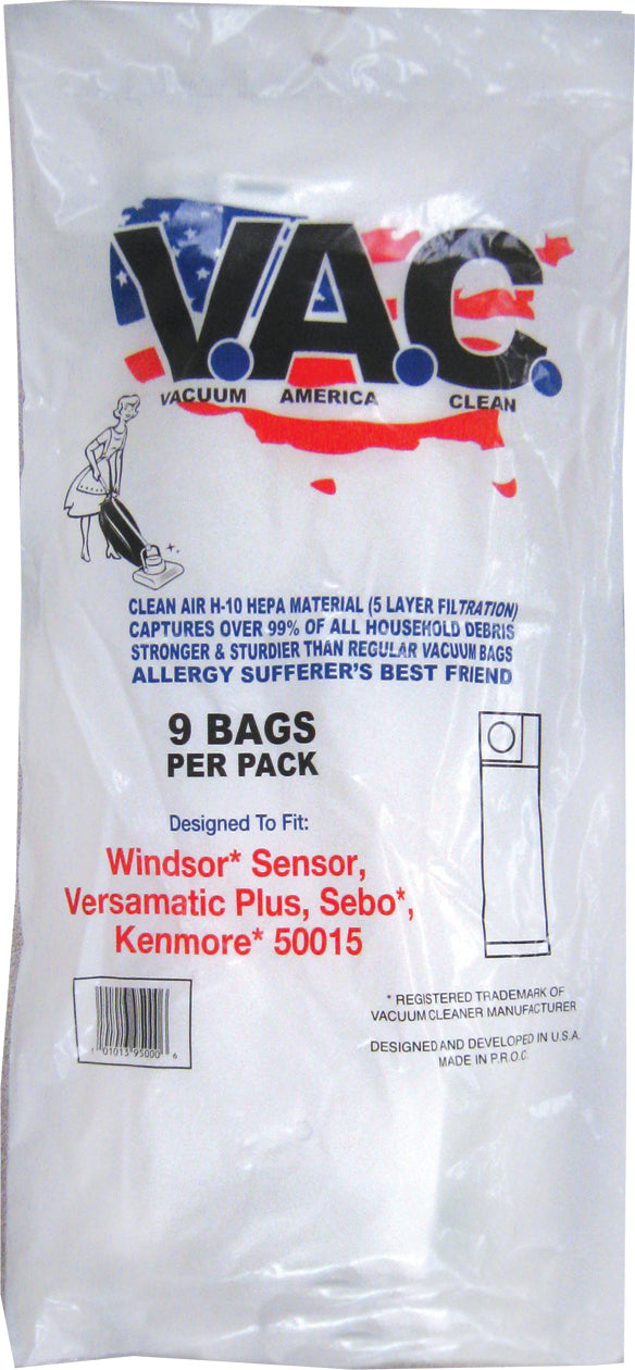VAC 2 - WINDSOR Sensor / SEBO Upright H-10 HEPA Filtration Vacuum Bag - 9 Bags