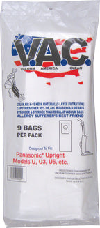 VAC 3 - PANASONIC U, U-3, U-6 H-10 HEPA Filtration Vacuum Bag - 9 Bags